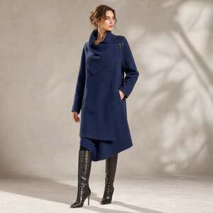 Garnet Hill Asymmetrical Boiled Wool Coat Women 18 Plus Blue Shawl Collar Artsy